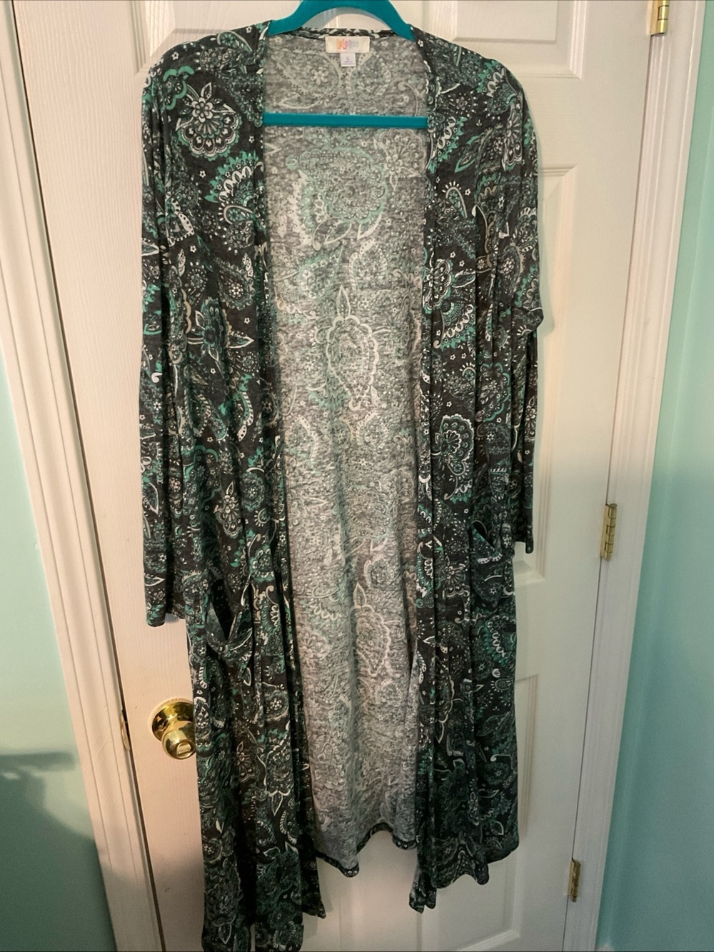 LuLaRoe Teal and Black Paisley Open-Front Cardigan